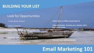 Email Marketing 101
BUILDING YOUR LIST
Look for Opportunities
Create great content
Online Contests
Offer a freebie - ebook, whitepaper give
them something for giving it up
Promote your efforts on social media
Add opt-ins to your website
Collect them at offline events (opt-in)
Video Marketing - Promote your website rather
than social media
Host an online webinar or podcast
Customer/Client Lists
Sign-up at your physical location
 