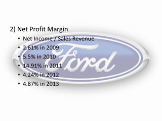 2) Net Profit Margin
• Net Income / Sales Revenue
• 2.61% in 2009
• 5.5% in 2010
• 14.91% in 2011
• 4.24% in 2012
• 4.87% in 2013
 