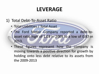 LEVERAGE
1) Total Debt-To-Asset Ratio
• Total Liabilities / Total Asset
• The Ford Motor Company reported a debt-to-
asset ratio high of 1.03 in 2009 to a low of 0.87 in
2013.
• These figures represent how the company is
moving towards a positive direction for growth by
holding onto less debt relative to its assets from
the 2009-2013
 