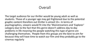 Overall
The target audience for our thriller would be young adult as well as
students. Those of a younger age may get frightened due to the potential
graphic content therefore out thriller is aimed 15+. In terms of
psychographics, viewers would fit into the ‘Mainstreamers and ‘Explorer’
category due to the fact that this genre doesn’t address day to day
problems in life meaning the people watching this type of genre are
challenging themselves. People from this groups are the best to aim for
because they will have time to watch our film and they probably go to the
cinemas regularly
 