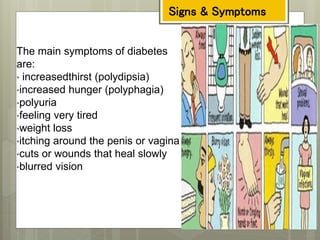 Signs & Symptoms
The main symptoms of diabetes
are:
• increasedthirst (polydipsia)
•increased hunger (polyphagia)
•polyuria
•feeling very tired
•weight loss
•itching around the penis or vagina
•cuts or wounds that heal slowly
•blurred vision
 