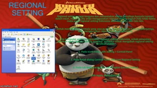 REGIONAL
SETTING Regional setting sangat berguna dan menentukan aturan penulisan formula (syntax)
dalam excel, misalnya jika anda menggunakan regional setting English (US) tanda koma
maka pada regional setting Indonesia akan menjadi ;, dan lain-lain.
Untuk memudahkan formula yang saya gunakan dalam bahasan tutorial selanjutnya,
akan menggunakan regional setting English(US).
Jika komputer anda menggunakan regional setting Indonesia, untuk sementara
silahkan ubah regional setting tersebut. prosedur untuk mengubah regional setting
tersebut adalah:
1. Pada start menu, plih setting > Control Panel
2. Pada kotak dialog Control Panel, Klik icon Regional Setting
3. Pada tab Regional Option, pilih English (United States)
Klik Apply, kemudian OK
 