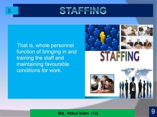 That is, whole personnel
function of bringing in and
training the staff and
maintaining favourable
conditions for work.
12
9Md. Atikul Islam (12)
 