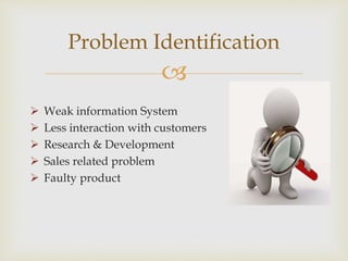
 Weak information System
 Less interaction with customers
 Research & Development
 Sales related problem
 Faulty product
Problem Identification
 