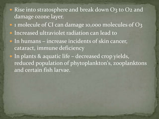  Rise into stratosphere and break down O3 to O2 and
damage ozone layer.
 1 molecule of CI can damage 10,000 molecules of O3
 Increased ultraviolet radiation can lead to
 In humans – increase incidents of skin cancer,
cataract, immune deficiency
 In plants & aquatic life – decreased crop yields,
reduced population of phytoplankton's, zooplanktons
and certain fish larvae.
 