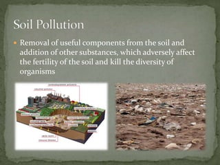  Removal of useful components from the soil and
addition of other substances, which adversely affect
the fertility of the soil and kill the diversity of
organisms
 