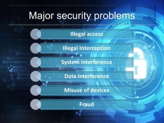 Major security problems
Illegal access
Illegal Interception
System Interference
Data Interference
Misuse of devices
Fraud
 