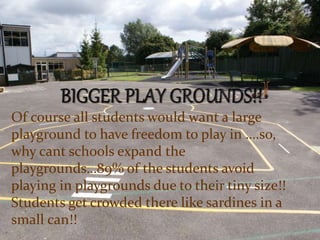 Of course all students would want a large
playground to have freedom to play in ….so,
why cant schools expand the
playgrounds…89% of the students avoid
playing in playgrounds due to their tiny size!!
Students get crowded there like sardines in a
small can!!
 