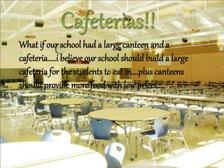 What if our school had a large canteen and a
cafeteria…..i believe our school should builda large
cafeteria for the students to eat in….plus canteens
should provide more foodwith low prices….
 
