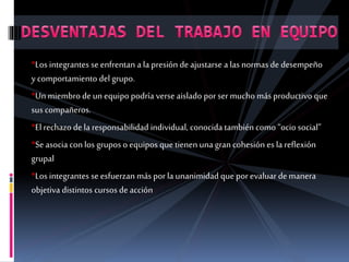 *Los integrantes se enfrentan a la presión deajustarse a las normas de desempeño
y comportamiento del grupo.
*Un miembro deun equipo podría verse aislado porsermucho más productivo que
sus compañeros.
*El rechazo dela responsabilidad individual, conocida también como “ocio social”
*Se asocia con los grupos o equipos que tienen una gran cohesión es la reflexión
grupal
*Los integrantes se esfuerzan más porla unanimidad que porevaluar demanera
objetiva distintos cursos de acción
 