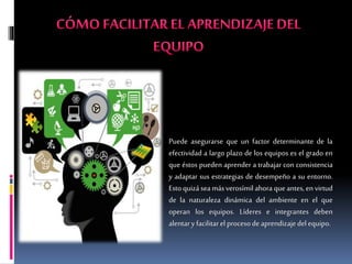 Puede asegurarse que un factor determinante de la
efectividad a largo plazo de los equipos es el grado en
que éstos pueden aprender a trabajar con consistencia
y adaptar sus estrategias de desempeño a su entorno.
Estoquizá sea másverosímil ahora queantes, en virtud
de la naturaleza dinámica del ambiente en el que
operan los equipos. Líderes e integrantes deben
alentary facilitarel procesodeaprendizajedelequipo.
 