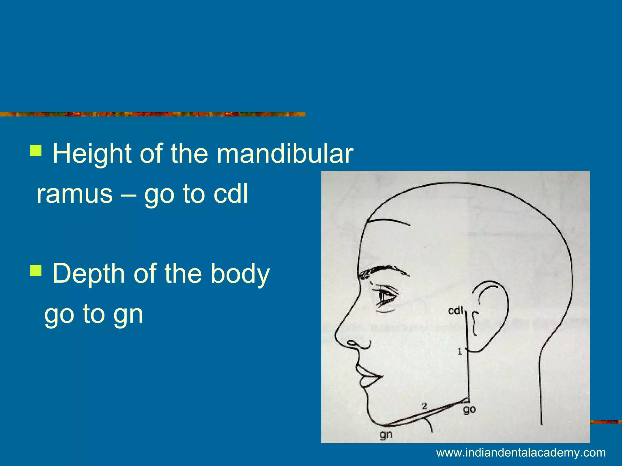  Height of the mandibular
ramus – go to cdl
 Depth of the body
go to gn
www.indiandentalacademy.com
 