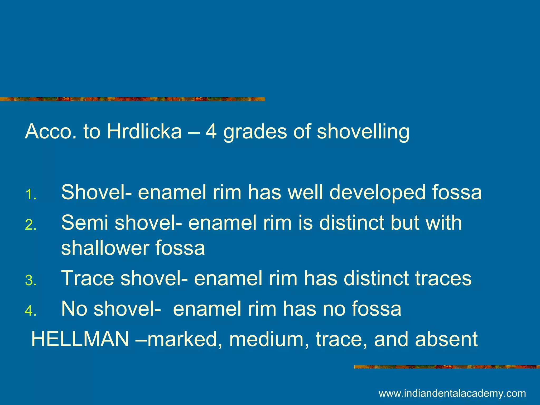 Acco. to Hrdlicka – 4 grades of shovelling
1. Shovel- enamel rim has well developed fossa
2. Semi shovel- enamel rim is distinct but with
shallower fossa
3. Trace shovel- enamel rim has distinct traces
4. No shovel- enamel rim has no fossa
HELLMAN –marked, medium, trace, and absent
www.indiandentalacademy.com
 