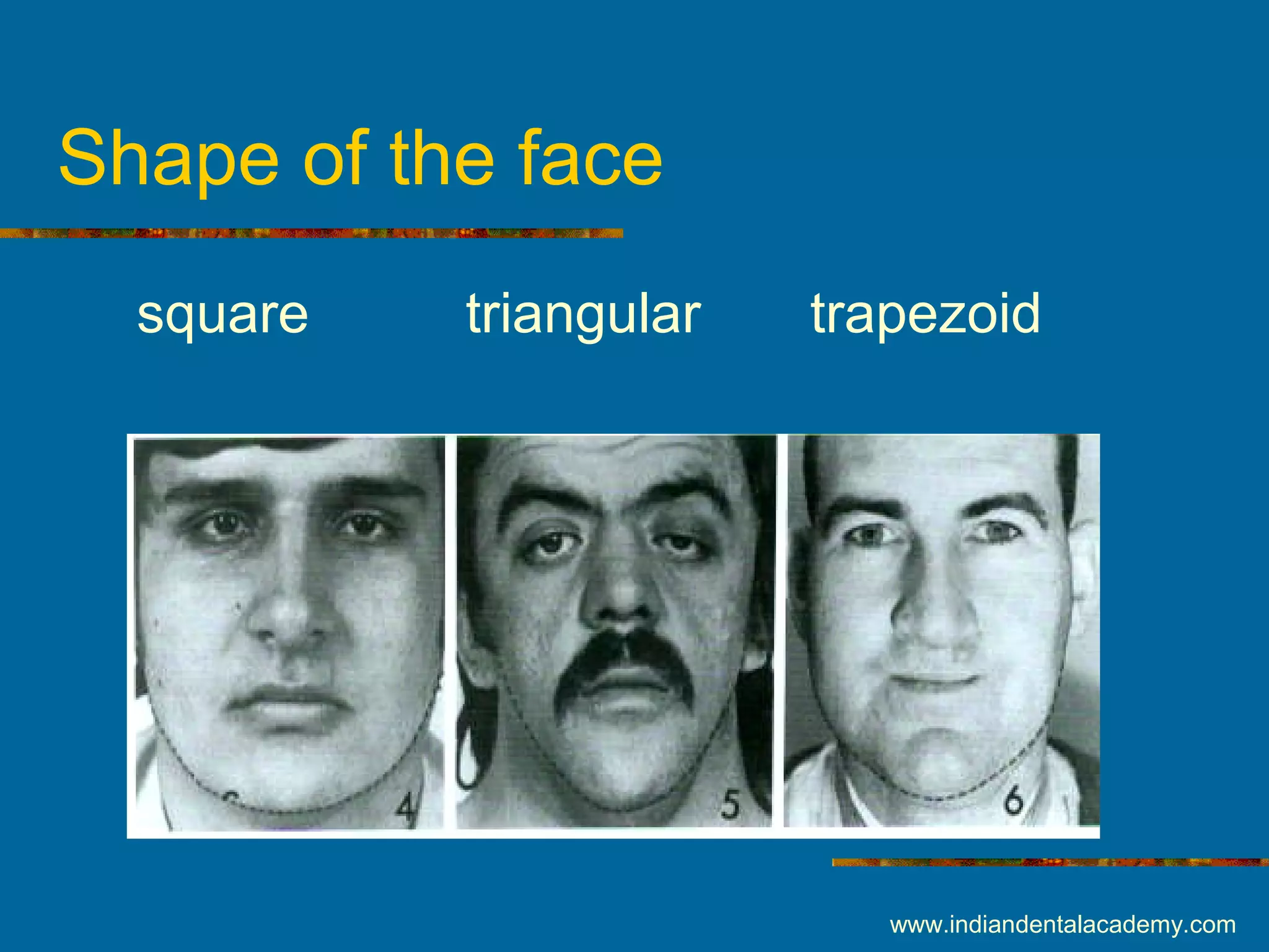 Shape of the face
square triangular trapezoid
www.indiandentalacademy.com
 