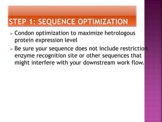  Condon optimization to maximize hetrologous
protein expression level
 Be sure your sequence does not include restriction
enzyme recognition site or other sequences that
might interfere with your downstream work flow.
 