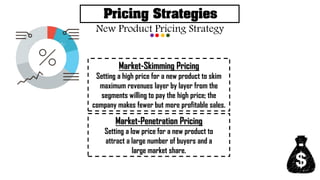Pricing Strategies
New Product Pricing Strategy
Market-Skimming Pricing
Setting a high price for a new product to skim
maximum revenues layer by layer from the
segments willing to pay the high price; the
company makes fewer but more profitable sales.
Market-Penetration Pricing
Setting a low price for a new product to
attract a large number of buyers and a
large market share.
 