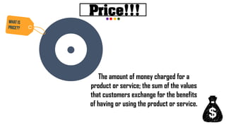 Price!!!
The amount of money charged for a
product or service; the sum of the values
that customers exchange for the benefits
of having or using the product or service.
 