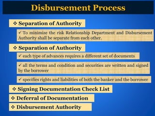 Disbursement Process
 To minimize the risk Relationship Department and Disbursement
Authority shall be separate from each other.
 Separation of Authority
 each type of advances requires a different set of documents
 all the terms and condition and securities are written and signed
by the borrower
 specifies rights and liabilities of both the banker and the borrower
 Separation of Authority
 Signing Documentation Check List
 Deferral of Documentation
 Disbursement Authority
 