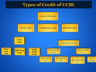 Types of Credit of UCBL
Loan & Advance
Term Loan Continuous Loan Demand Loan
Continuous Loan
Over Draft
(OD)
Secured
OD
Temporary
OD
Cash Credit
(CC)
CC
Hypothecati
on
CC
pledge
 