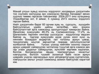 Манай улсын хувьд хоолны хордлогот халдварын дэгдэлтийн
тоо сүүлийн жилүүдэд эрс нэмэгдсэн бөгөөд Халдварт өвчин
судлын төвөөс гаргасан тайлангаар 2004-2011 оны хугацаанд
Улаанбаатар хот, 9 аймаг, 5 суманд 2573 хоолны хордлого
гарсан байна.
Нийт дэгдэлтийн бараг 60 орчим хувь нь сургууль, хүүхдийн
байгууллагын үдийн цайны хөтөлбөр, мөн зохион
байгуулалттай арга хэмжээнд оролцогсодыг хамарсан байна.
Өвчилсөн хүмүүсийн 48,3% нь Салмонеллоор, 17,2% нь
Шигеллийн төрлийн нянгаар үүсгэгдсэн хордлогоор өвдсөн
байгаа нь тэдгээр хүмүүсийн идэж уусан хоол хүнс нь
нянгийн бохирдол өндөртэй, гал тогооны ариун цэвэр,
технологийн ноцтой зөрчилтэй газраар үйлчлүүлсэнтэй
холбоотой байна. Үүнээс үзэхэд нийтийн хоолны газрын
ариун цэврийг сайжруулах чиглэлээр тууштай арга хэмжээ авч
гар угаах дадалыг сайжруулах, хүнснийг хөргөөж хадгалах,
болгож боловсруулах явцад температурын хяналтыг
нэвтрүүлэх, болсон түүхийг холихгүй байх гэсэн ариун
цэврийн үндсэн зарчмуудын хүнс үйлдвэрлэгчдэд сурталчлах,
нэвтрүүлэх ажлыг улсын хэмжээнд зохион байгуулах хэрэгтэй
юм.
 