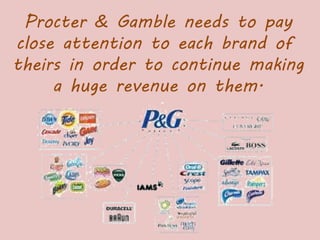 Procter & Gamble needs to pay
close attention to each brand of
theirs in order to continue making
a huge revenue on them.
 
