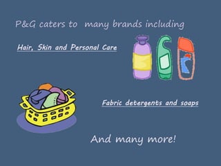 P&G caters to many brands including
Hair, Skin and Personal Care
Fabric detergents and soaps
And many more!
 