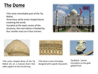 The dome
60 m
The Dome
•The most remarkable part of the Taj
Mahal.
•Enormous white onion shaped dome
crowning the tomb.
•Located at the exact centre of the
structure, the main dome is flanked by
four smaller ones on it four corners
•The onion shaped dome of the Taj
Mahal sits on a massive drum that
adds support to the circular top.
•The drum is also intricately
designed with superb inlay work.
Taj Mahal - Islamic
inscription on the gold
gilded Finial
 