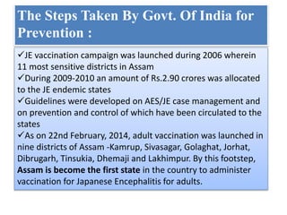 JE vaccination campaign was launched during 2006 wherein
11 most sensitive districts in Assam
During 2009-2010 an amount of Rs.2.90 crores was allocated
to the JE endemic states
Guidelines were developed on AES/JE case management and
on prevention and control of which have been circulated to the
states
As on 22nd February, 2014, adult vaccination was launched in
nine districts of Assam -Kamrup, Sivasagar, Golaghat, Jorhat,
Dibrugarh, Tinsukia, Dhemaji and Lakhimpur. By this footstep,
Assam is become the first state in the country to administer
vaccination for Japanese Encephalitis for adults.
The Steps Taken By Govt. Of India for
Prevention :
 
