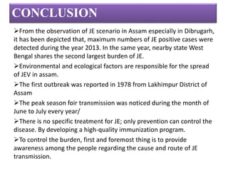 CONCLUSION
From the observation of JE scenario in Assam especially in Dibrugarh,
it has been depicted that, maximum numbers of JE positive cases were
detected during the year 2013. In the same year, nearby state West
Bengal shares the second largest burden of JE.
Environmental and ecological factors are responsible for the spread
of JEV in assam.
The first outbreak was reported in 1978 from Lakhimpur District of
Assam
The peak season foir transmission was noticed during the month of
June to July every year/
There is no specific treatment for JE; only prevention can control the
disease. By developing a high-quality immunization program.
To control the burden, first and foremost thing is to provide
awareness among the people regarding the cause and route of JE
transmission.
 