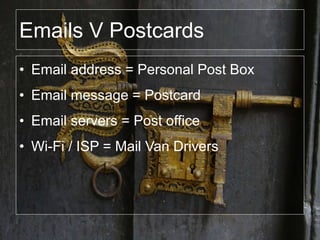 Emails V Postcards
• Email address = Personal Post Box
• Email message = Postcard
• Email servers = Post office
• Wi-Fi / ISP = Mail Van Drivers
 