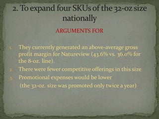 ARGUMENTS FOR
1. They currently generated an above-average gross
profit margin for Natureview (43.6% vs. 36.0% for
the 8-oz. line).
2. There were fewer competitive offerings in this size
3. Promotional expenses would be lower
(the 32-oz. size was promoted only twice a year)
 