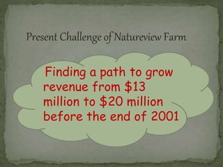 Present Challenge of Natureview Farm
Finding a path to grow
revenue from $13
million to $20 million
before the end of 2001
 