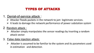 1. Denial-of-service attack :
 Attacker floods packets in the network to jam legitimate services.
 It leads to damage the network performance of power substation system
2 Random attack :
 Attacker simply manipulates the sensor readings by inserting a random
attack vector.
3. False data injection attack:
 Attacker is assumed to be familiar to the system and its parameters used
in estimation and detection.
TYPES OF ATTACKS
 