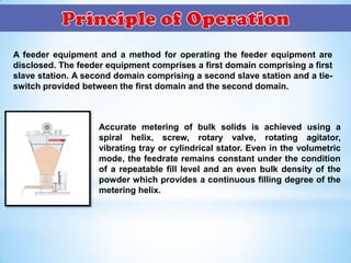 A feeder equipment and a method for operating the feeder equipment are
disclosed. The feeder equipment comprises a first domain comprising a first
slave station. A second domain comprising a second slave station and a tie-
switch provided between the first domain and the second domain.
Accurate metering of bulk solids is achieved using a
spiral helix, screw, rotary valve, rotating agitator,
vibrating tray or cylindrical stator. Even in the volumetric
mode, the feedrate remains constant under the condition
of a repeatable fill level and an even bulk density of the
powder which provides a continuous filling degree of the
metering helix.
 