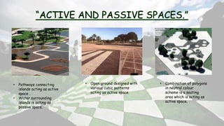 • Pathways connecting
islands acting as active
space .
• Water surrounding
islands is acting as
passive space.
• Open ground designed with
various cubic patterns
acting as active space.
• Combination of polygons
in neutral colour
scheme is a seating
area which is acting as
active space.
 