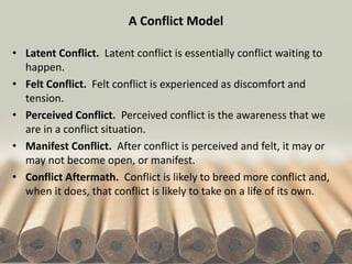 A Conflict Model
• Latent Conflict. Latent conflict is essentially conflict waiting to
happen.
• Felt Conflict. Felt conflict is experienced as discomfort and
tension.
• Perceived Conflict. Perceived conflict is the awareness that we
are in a conflict situation.
• Manifest Conflict. After conflict is perceived and felt, it may or
may not become open, or manifest.
• Conflict Aftermath. Conflict is likely to breed more conflict and,
when it does, that conflict is likely to take on a life of its own.
 