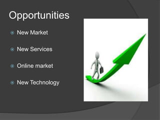 Opportunities
 New Market
 New Services
 Online market
 New Technology
 