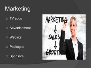 Marketing
 TV adds
 Advertisement
 Website
 Packages
 Sponsors
 
