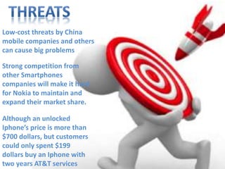 Although an unlocked
Iphone’s price is more than
$700 dollars, but customers
could only spent $199
dollars buy an Iphone with
two years AT&T services
Low-cost threats by China
mobile companies and others
can cause big problems
Strong competition from
other Smartphones
companies will make it hard
for Nokia to maintain and
expand their market share.
 