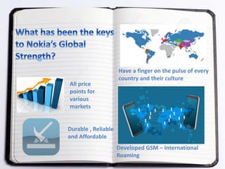 All price
points for
various
markets
Durable , Reliable
and Affordable
Have a finger on the pulse of every
country and their culture
Developed GSM – International
Roaming
 