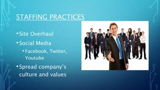 STAFFING PRACTICES
•Site Overhaul
•Social Media
• Facebook, Twitter,
Youtube
•Spread company’s
culture and values
 