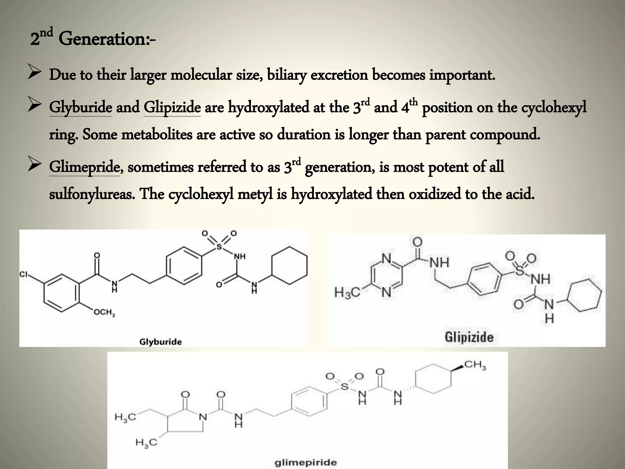 2nd Generation:-
 Due to their larger molecular size, biliary excretion becomes important.
 Glyburide and Glipizide are hydroxylated at the 3rd and 4th position on the cyclohexyl
ring. Some metabolites are active so duration is longer than parent compound.
 Glimepride, sometimes referred to as 3rd generation, is most potent of all
sulfonylureas. The cyclohexyl metyl is hydroxylated then oxidized to the acid.
 