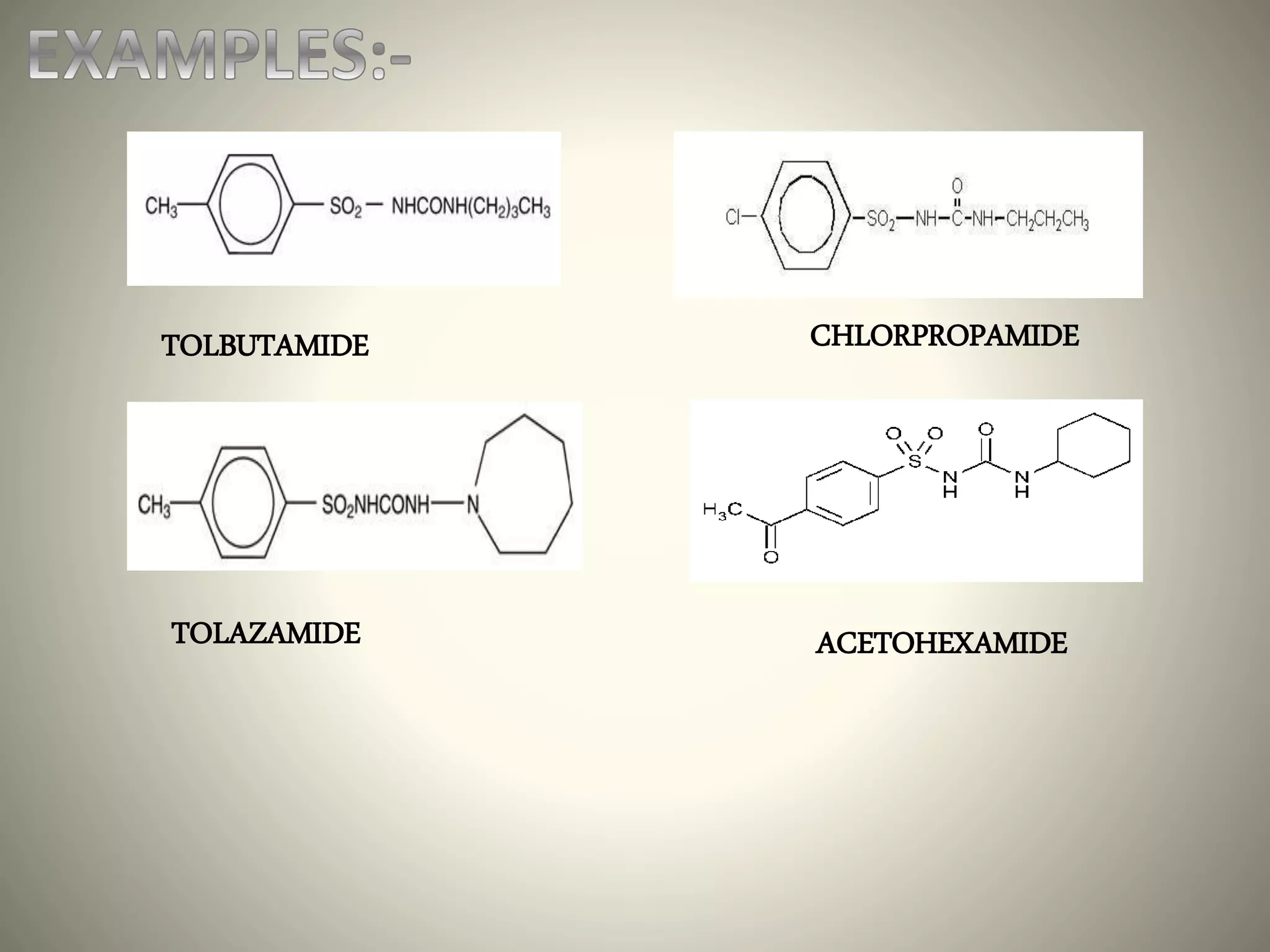 TOLBUTAMIDE CHLORPROPAMIDE
TOLAZAMIDE ACETOHEXAMIDE
 