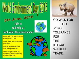 GO WILD FOR
LIFE-
ZERO
TOLERANCE
FOR
THE
ILLEGAL
WILDLIFE
TRADE.
What you can do on World
Environment Day:
- Not litter around school
premises.
- Avoid the destruction
of school properties.
- Encourage friends to
create an environmentally
sound condition.
 