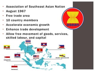 • Association of Southeast Asian Nation
• August 1967
• Free trade area
• 10 country members
• Accelerate economic growth
• Enhance trade development
• Allow free movement of goods, services,
skilled labour, and capital
 
