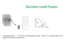 Decision Level Fusion
. Fingerprint image , 13*32 block of the fingerprint image, Matrix V3 (average profile of V2),
Ridge and Valley pixel distribution
 