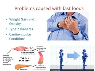 Problems caused with fast foods
• Weight Gain and
Obesity
• Type 2 Diabetes
• Cardiovascular
Conditions
 