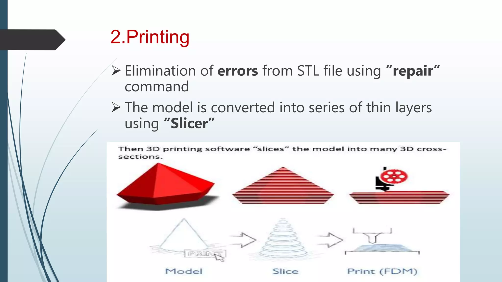 2.Printing
 Elimination of errors from STL file using “repair”
command
 The model is converted into series of thin layers
using “Slicer”
 