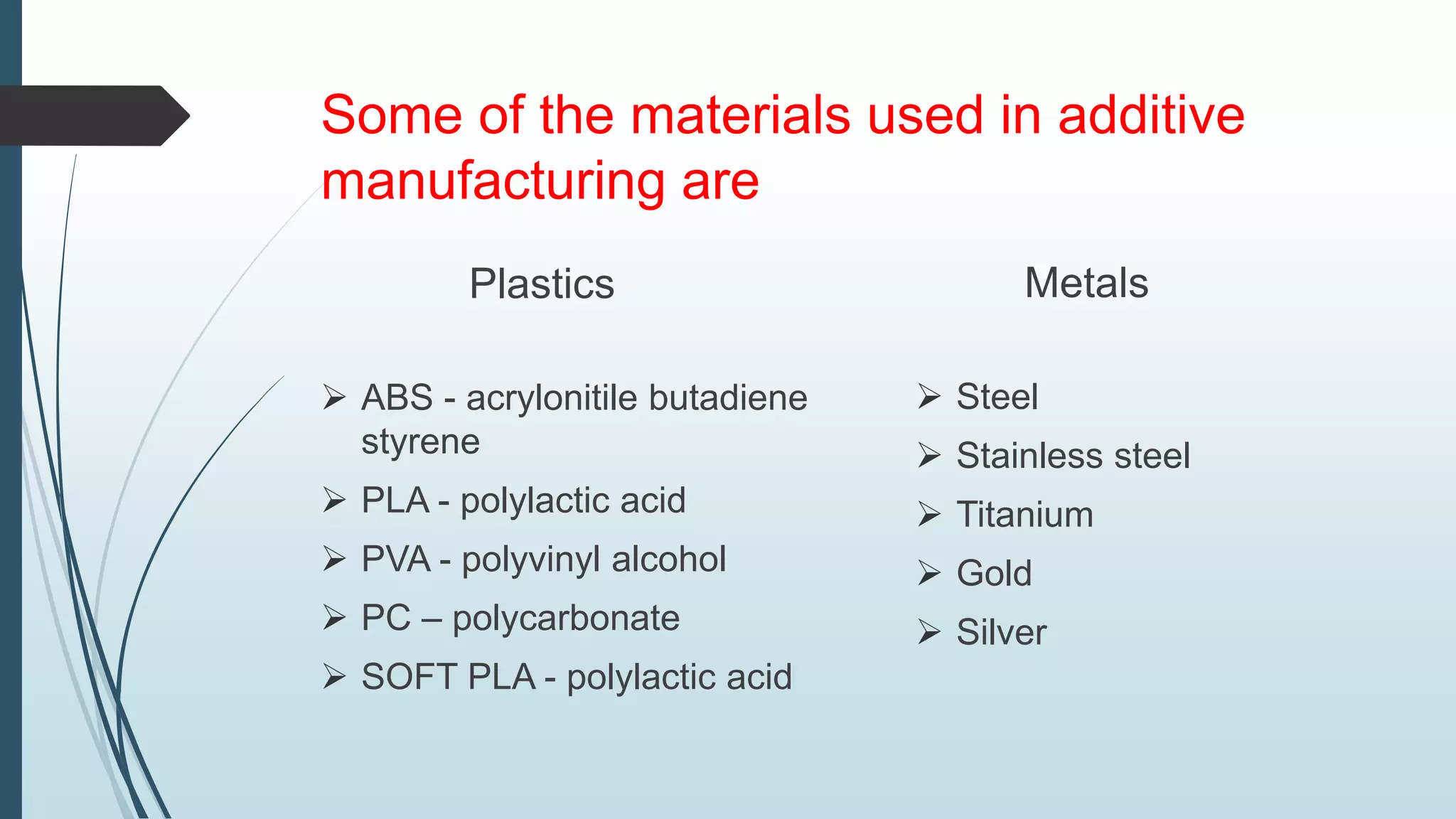 Some of the materials used in additive
manufacturing are
Plastics
 ABS - acrylonitile butadiene
styrene
 PLA - polylactic acid
 PVA - polyvinyl alcohol
 PC – polycarbonate
 SOFT PLA - polylactic acid
Metals
 Steel
 Stainless steel
 Titanium
 Gold
 Silver
 