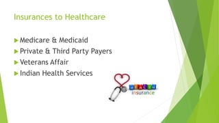 Insurances to Healthcare
 Medicare & Medicaid
 Private & Third Party Payers
 Veterans Affair
 Indian Health Services
 